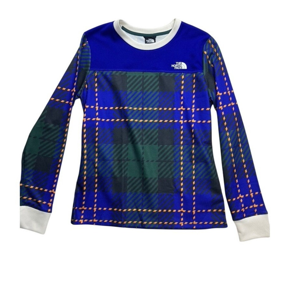The North Face Womens Long Sleeve Plaid‎ Crewneck Top Blue Green Orange M